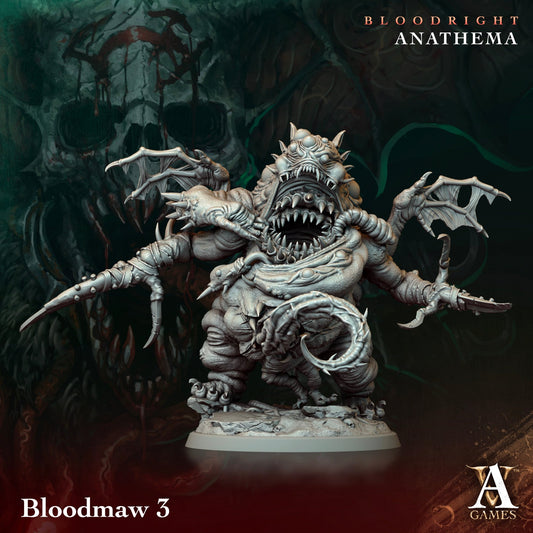 Bloodmaw 3, a hulking demon with grotesque features, multiple gaping mouths, and spiked limbs, depicted in a dark fantasy setting.