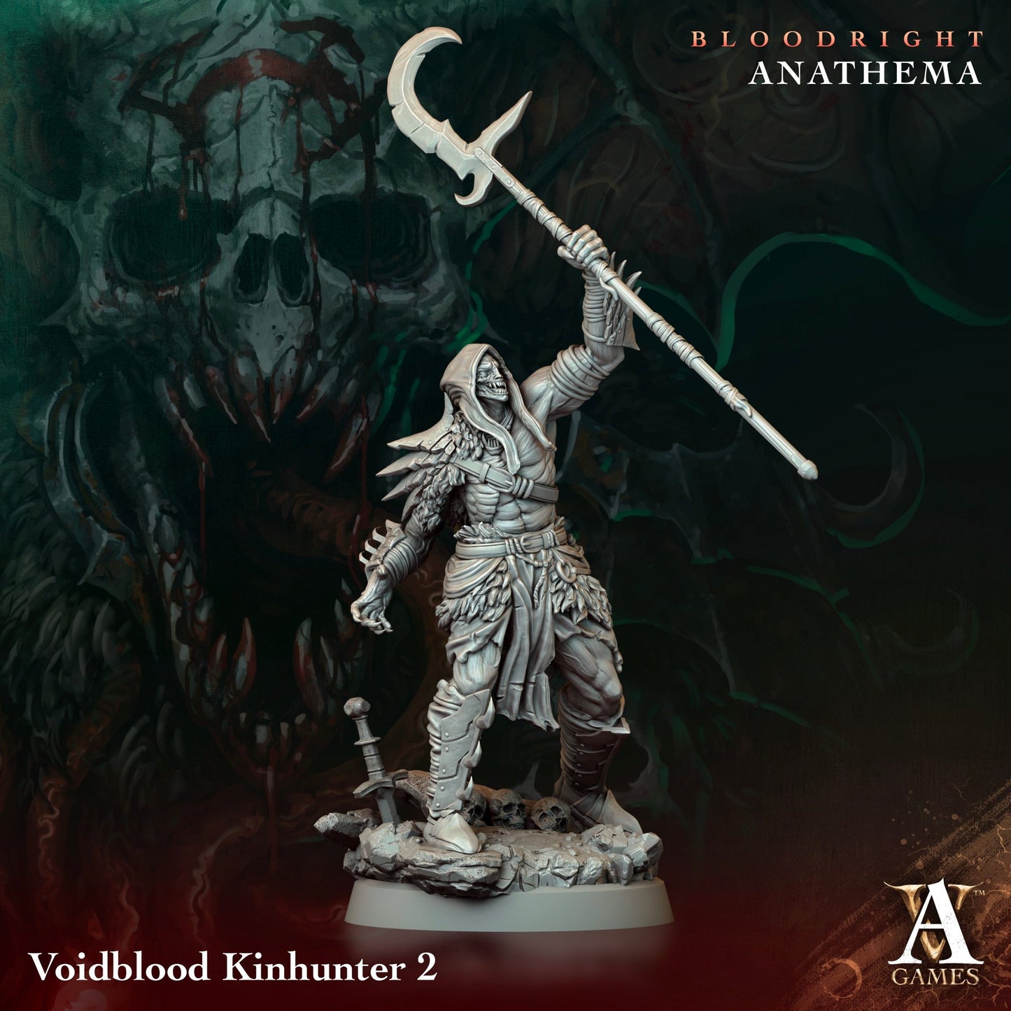 A Voidblood Kinhunter wielding a staff, standing triumphantly on a rocky base, with fur-lined armor and skeletal features, ideal for TTRPG settings like Dungeons & Dragons.