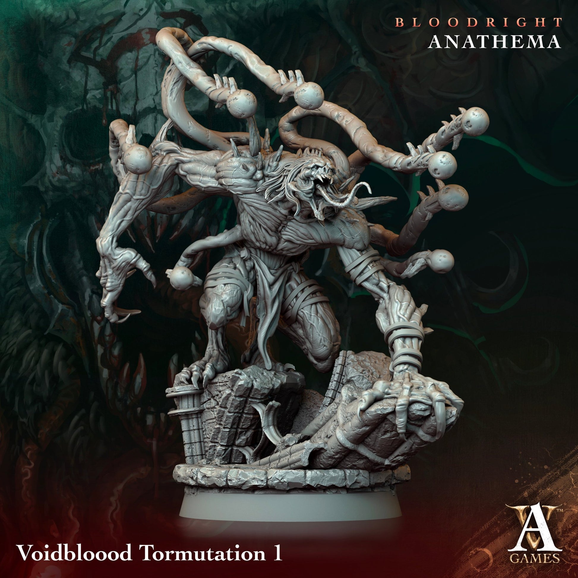 Voidblood Tormutation miniature showcasing a monstrous creature with multiple writhing tendrils and sharp claws, standing atop a crumbled ruin.