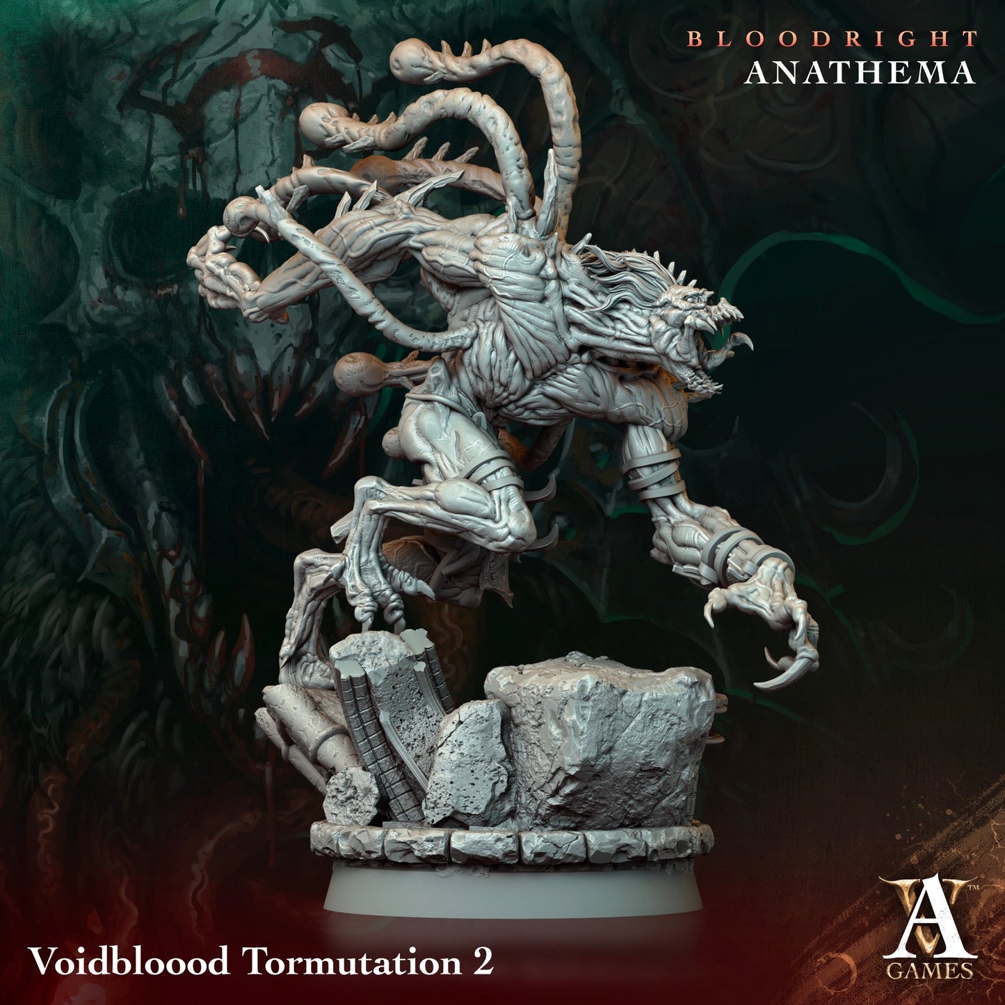 Voidblood Tormutation figure with elongated tendrils and a snarling face, posed mid-action on a broken stone base.