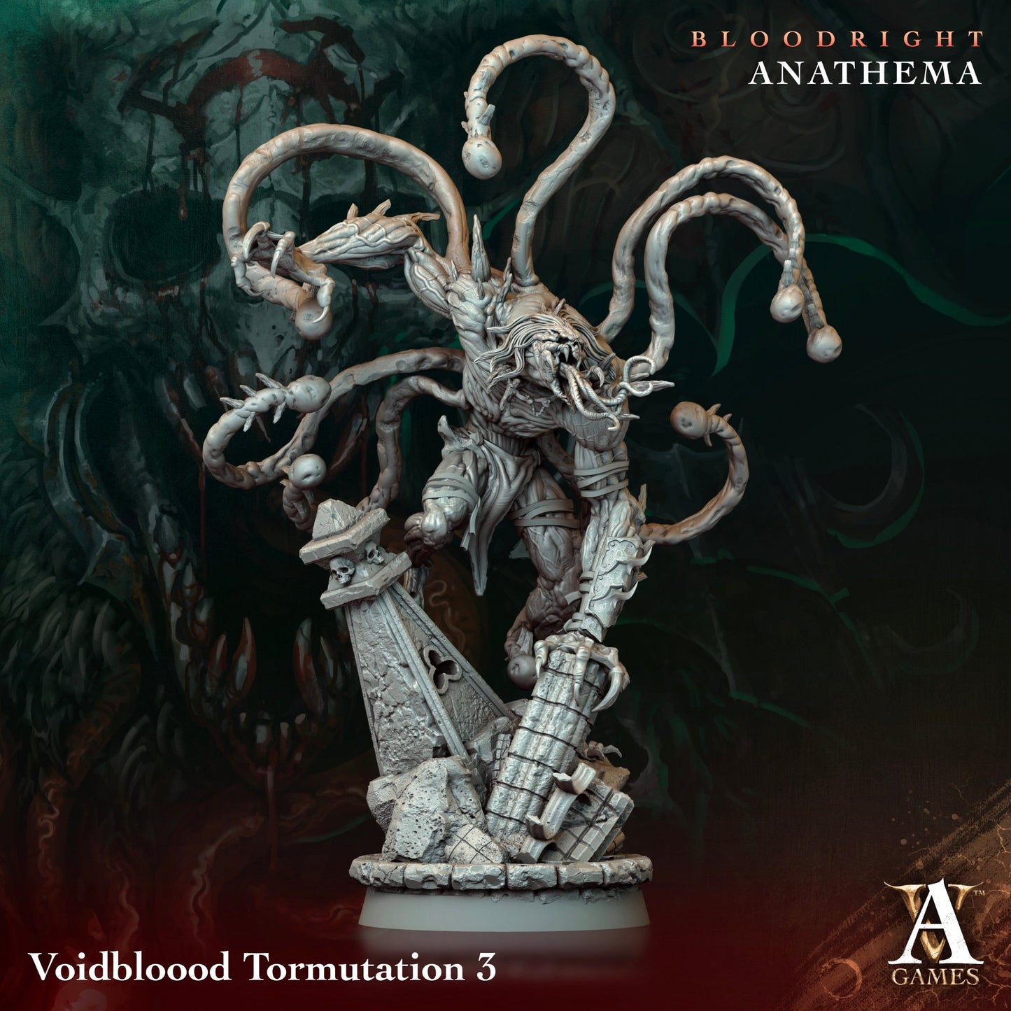 Voidblood Tormutation miniature, featuring intricate tendrils and a muscular, twisted body atop gothic debris.