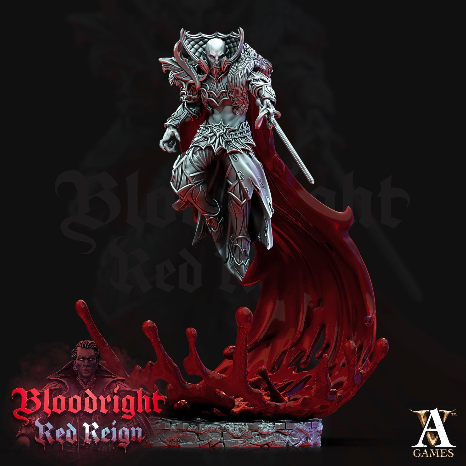  Vampiric warrior leaping forward, wearing detailed armor and surrounded by crimson blood-like energy, with a dramatic flowing cape.