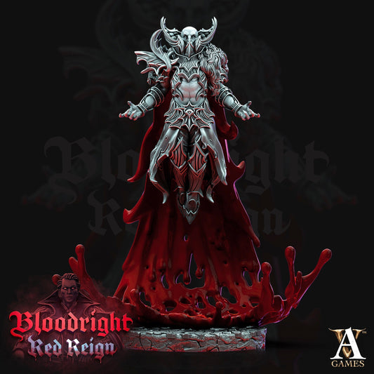 Standing vampire figure with arms outstretched, adorned in intricate gothic armor, surrounded by a swirling blood effect.