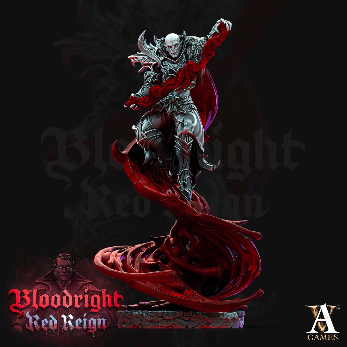 Dynamic pose of a vampire with raised arms, encircled by swirling blood effects and detailed gothic attire.