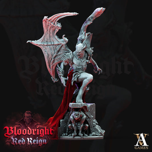  Winged Vampire Elder perched on gothic architecture, extending its claws with a menacing expression, perfect for dark fantasy TTRPGs like Dungeons & Dragons or Pathfinder.