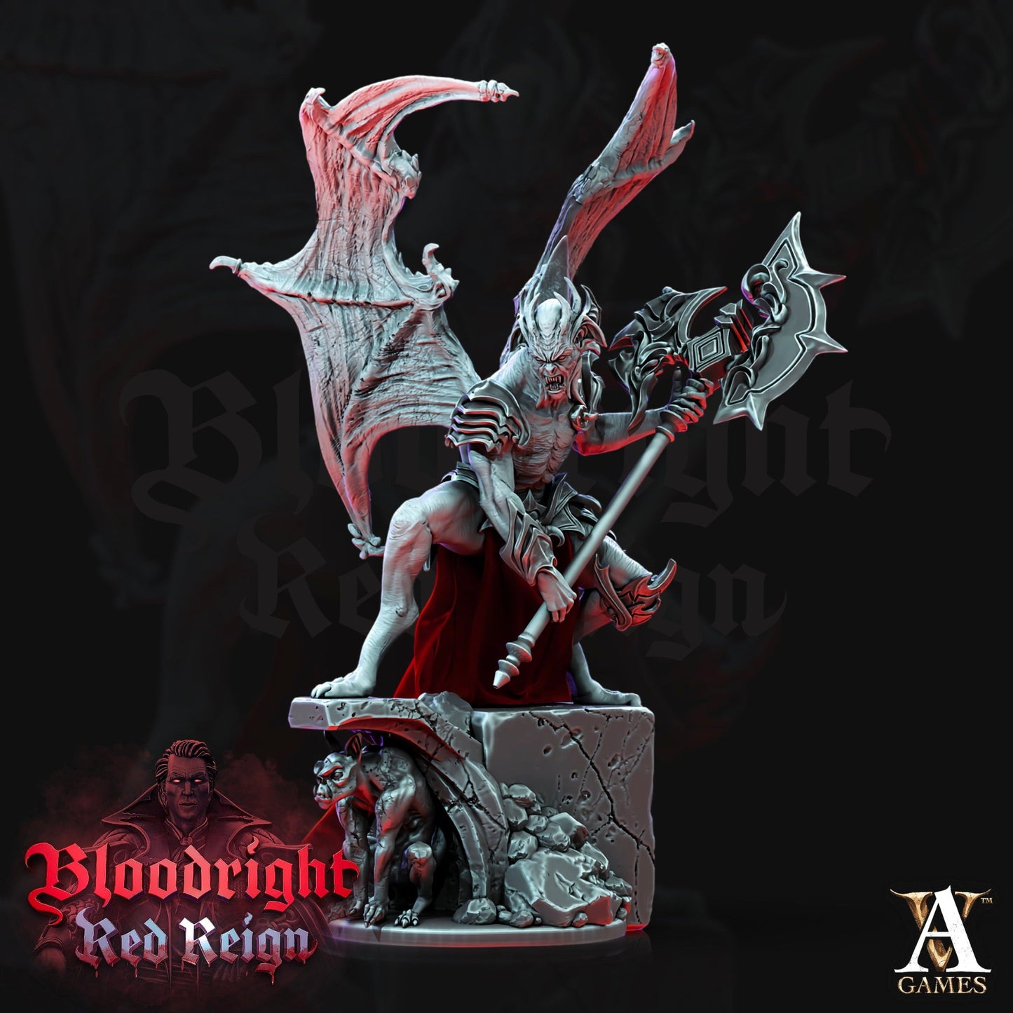 Vampire Elder wielding a massive axe, standing atop a gothic base with detailed wings and a sinister pose, ideal for tabletop games such as Warhammer or Dungeons & Dragons.