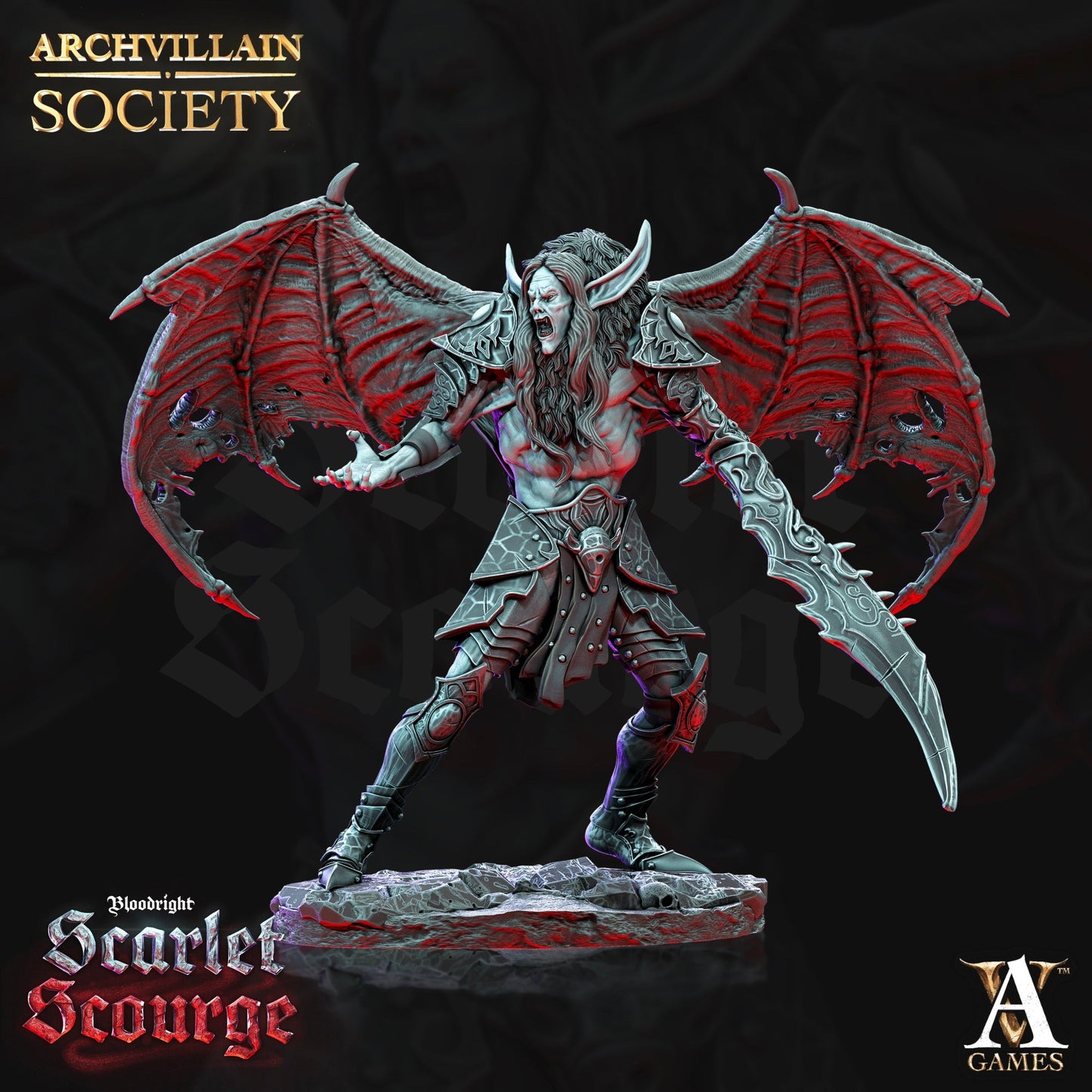 Kirath the Sentinel miniature depicting a werebat elf with detailed bat wings, fierce claws, and ornate elven armor, posed in a commanding stance for TTRPG adventu