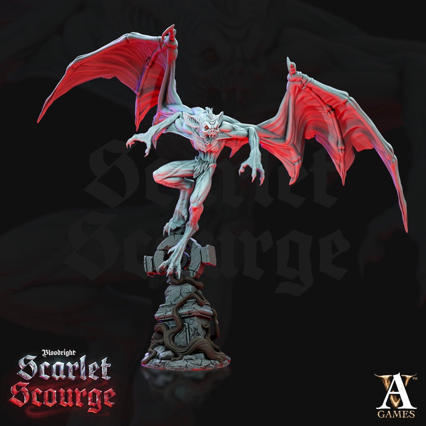 A Sanguinite Ghoul miniature in a dynamic pose, wings spread wide, standing on a ruined gothic tombstone for Dungeons & Dragons or Warhammer campaigns.