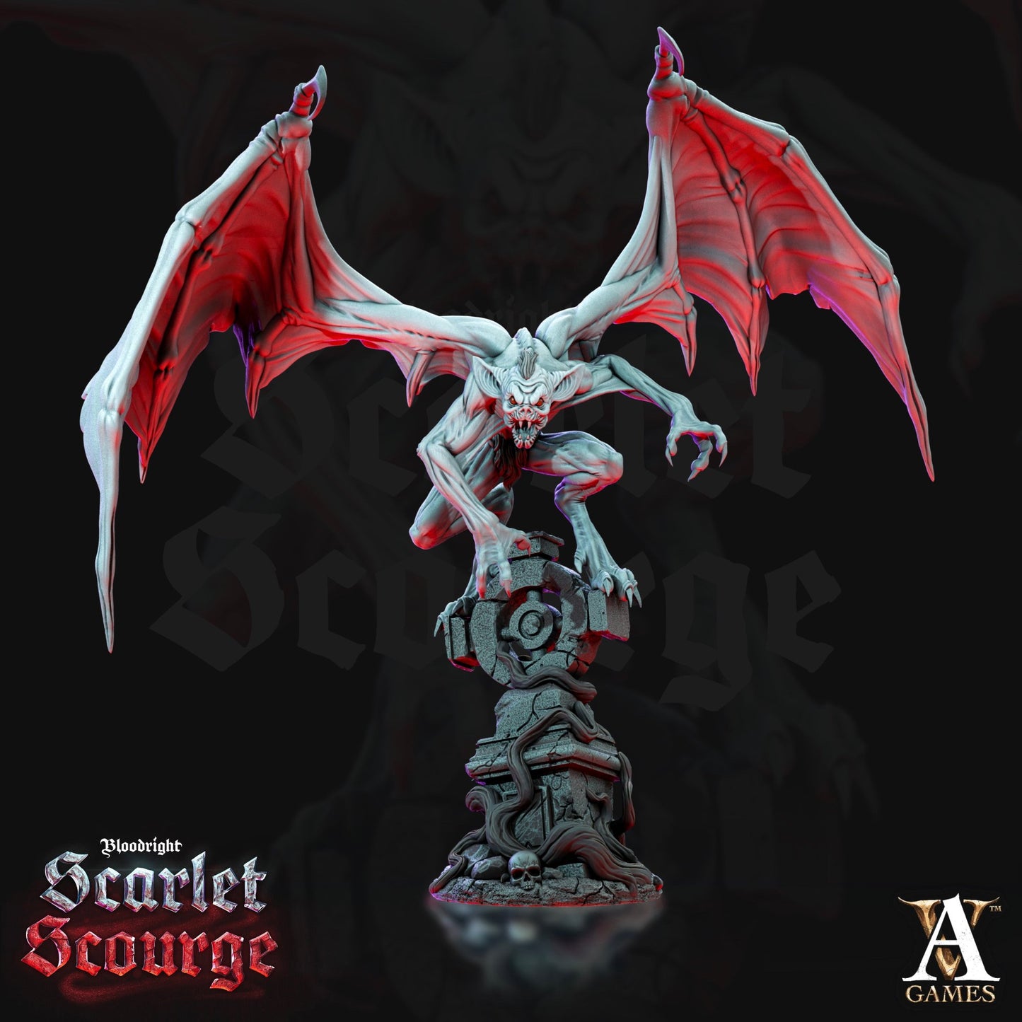 A Sanguinite Ghoul miniature crouched atop a gothic tombstone, featuring bat-like wings and clawed hands, ideal for dark fantasy TTRPG settings.