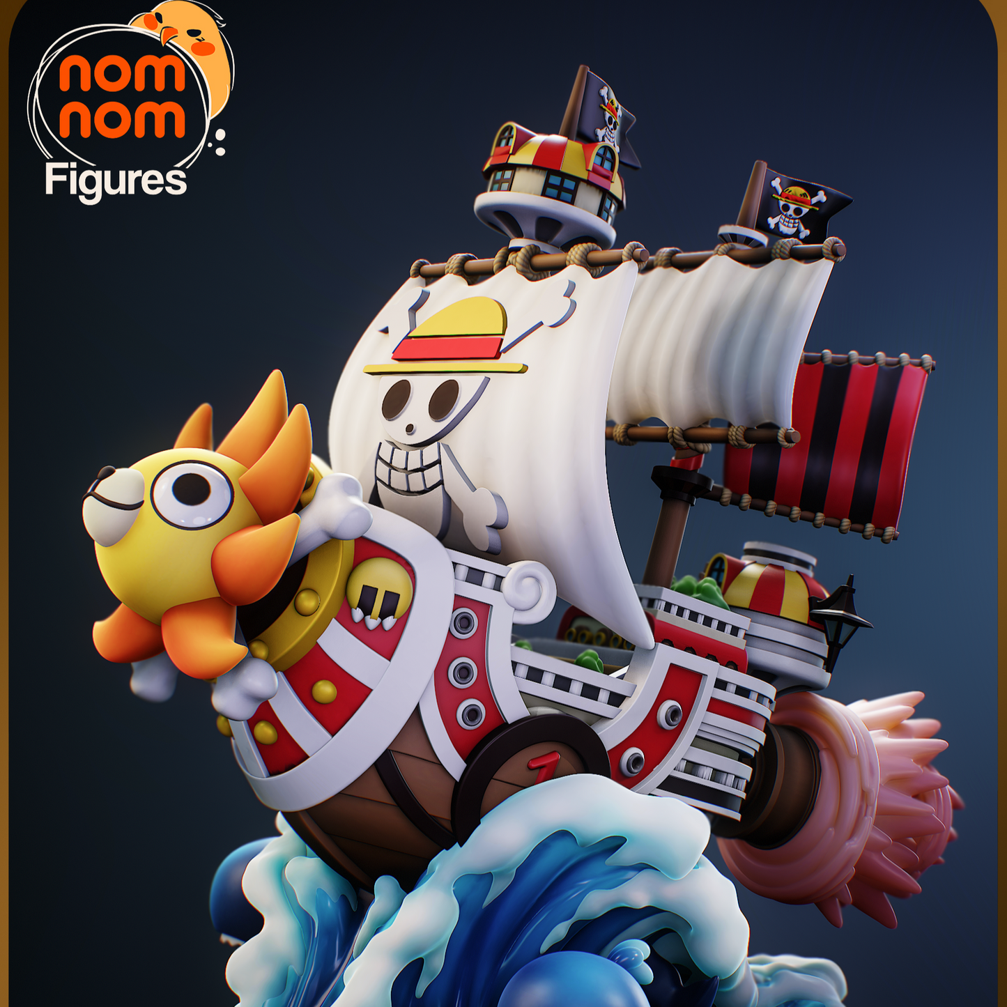 Chibi Thousand Sunny collectible figure fully painted, showing the ship’s lion figurehead, twin masts with pirate flags, striped sails, and ocean base with a cartoon whale leaping beside the hull.