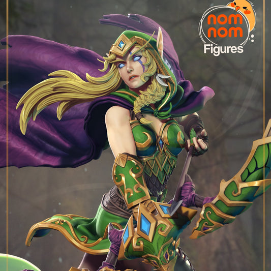 Painted render of Alleria Windrunner in Warcraft armor, holding decorated bow, wearing ornate green and gold armor with flowing purple cape.