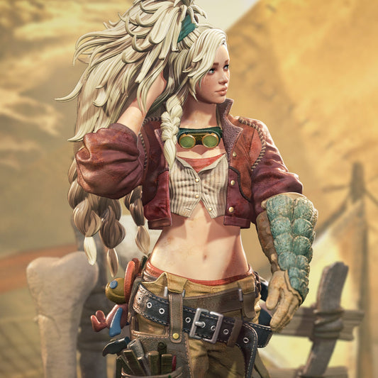 Colored render of Gemma from Monster Hunter Wild, with braided hair, a cropped jacket, and tool belt, standing in a desert smithy.