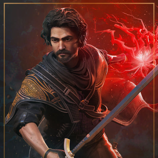 Gustave 1:10 scale full figure from Expedition 33, shown mid-stride in heavy armor with a clenched fist and cracked stone base.