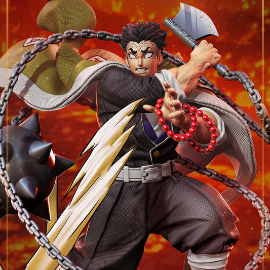 Gyomei Demon Slayer 1:10 scale collectible figure full render with flail, axe, and prayer beads in battle stance.