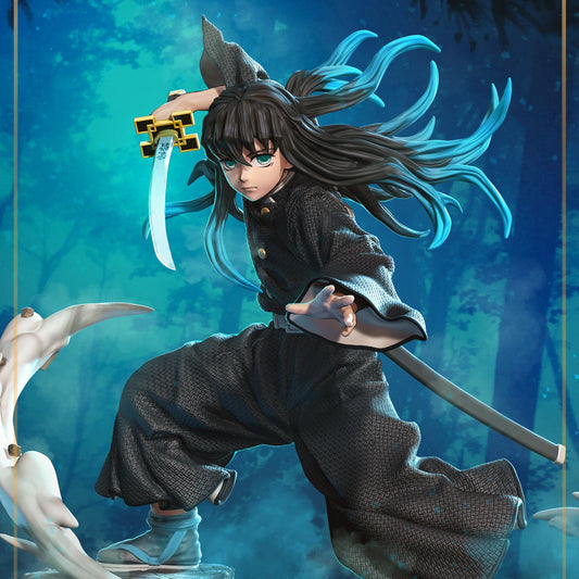 Muichiro Demon Slayer painted render collectible figure in dynamic sword stance with flowing hair and forest backdrop