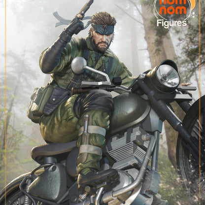 Naked Snake collectible figure on motorcycle with silenced pistol raised, full diorama view.