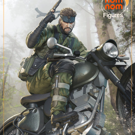 Naked Snake collectible figure on motorcycle with silenced pistol raised, full diorama view.