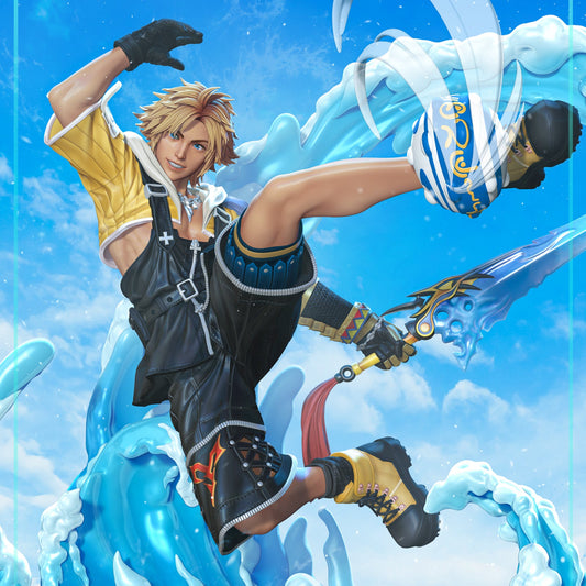 Tidus Final Fantasy X colored artwork – heroic pose mid-jump with sword and water splash.