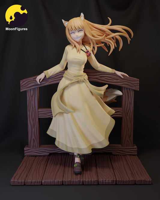 Holo Spice and Wolf 1:10 scale collectible figure full-color render standing on wooden bridge base