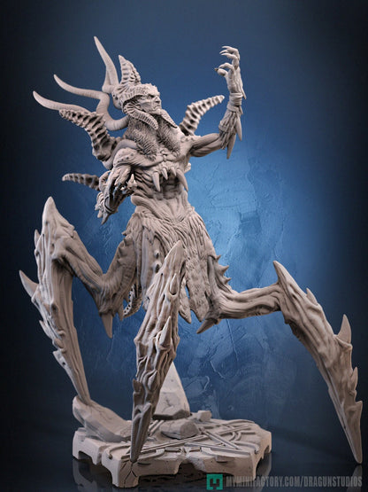 A terrifying demon boss named Siih-Laaz with a monstrous, insect-like body and menacing claws. The creature features multiple horns and tendrils protruding from its back and a skeletal, otherworldly face. The figure stands on a rocky base, exuding a sense of dark power and dread.