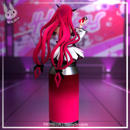 IRyS Hololive figure back view featuring long flowing twin-tails, ribbon accessories, horn details, layered outfit, and soda can display base; anime virtual idol collectible posed sitting with hair draped behind.