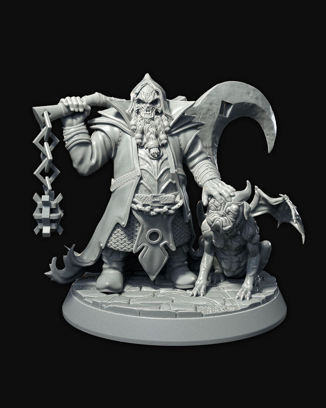 Baern Blackbone, dwarf warlock miniature, stands with a demonic pet by his side, holding a large scythe with skull motifs, in detailed robes and armor.