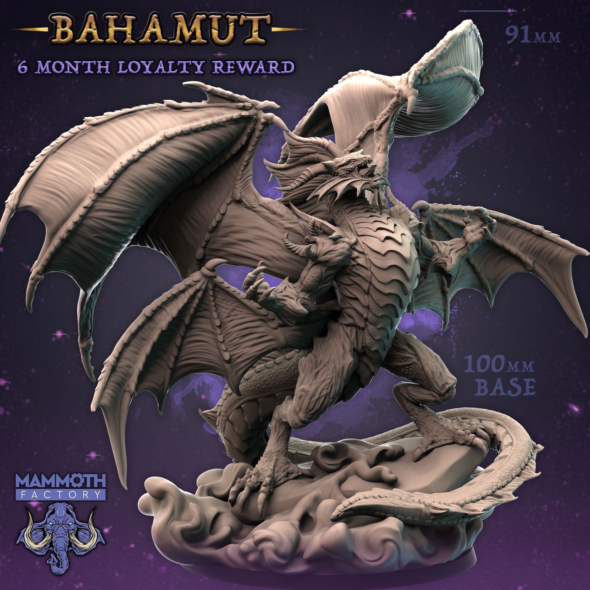 Bahamut, a majestic and powerful dragon with large wings, detailed scales, and a fierce expression. The miniature depicts the dragon in a dynamic pose on a cloud-like base, showcasing its strength and grandeur, perfect for epic fantasy settings.