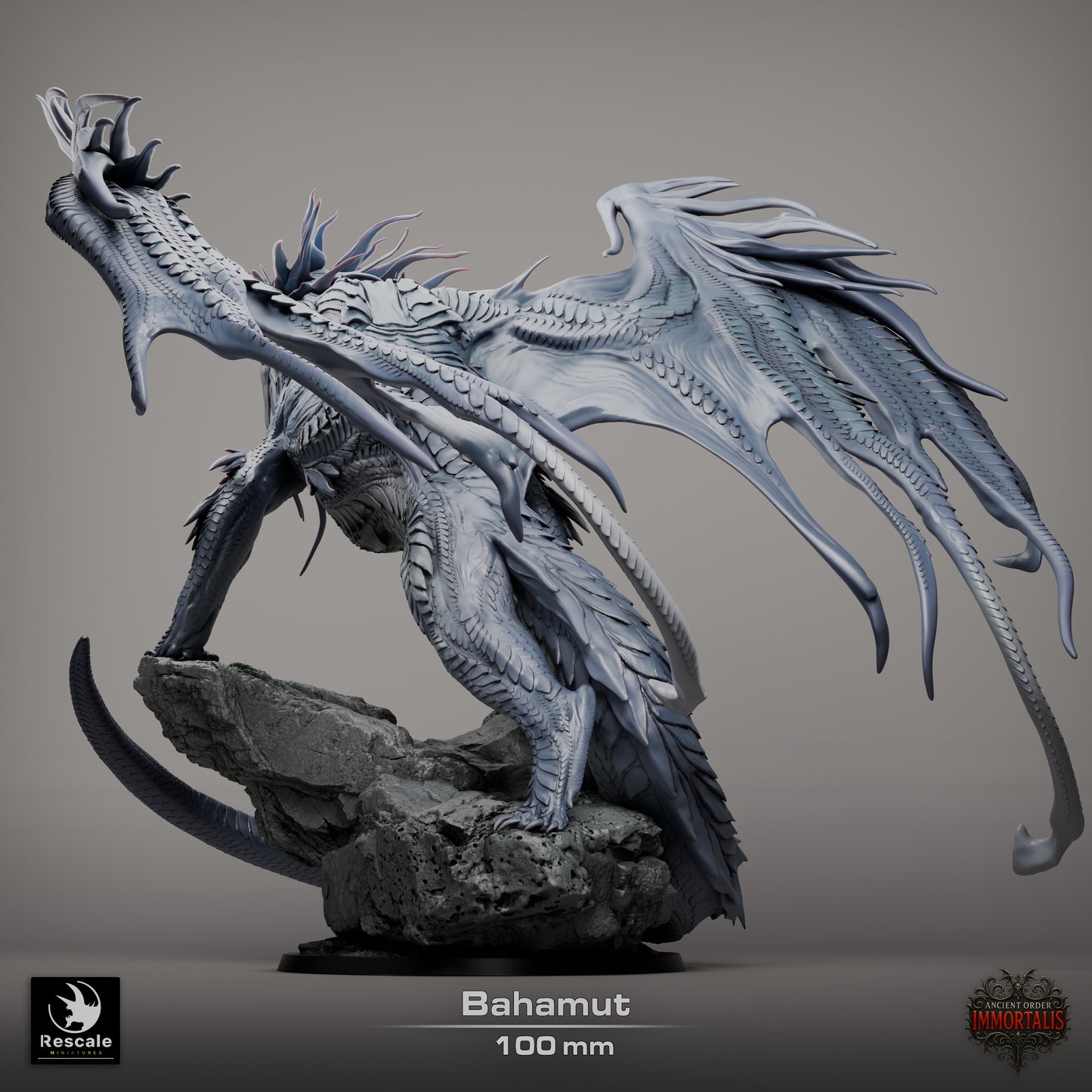 bahamut dragon miniature on rocky base with wings extended fantasy ttrpg model detailed scales pose terrain prop