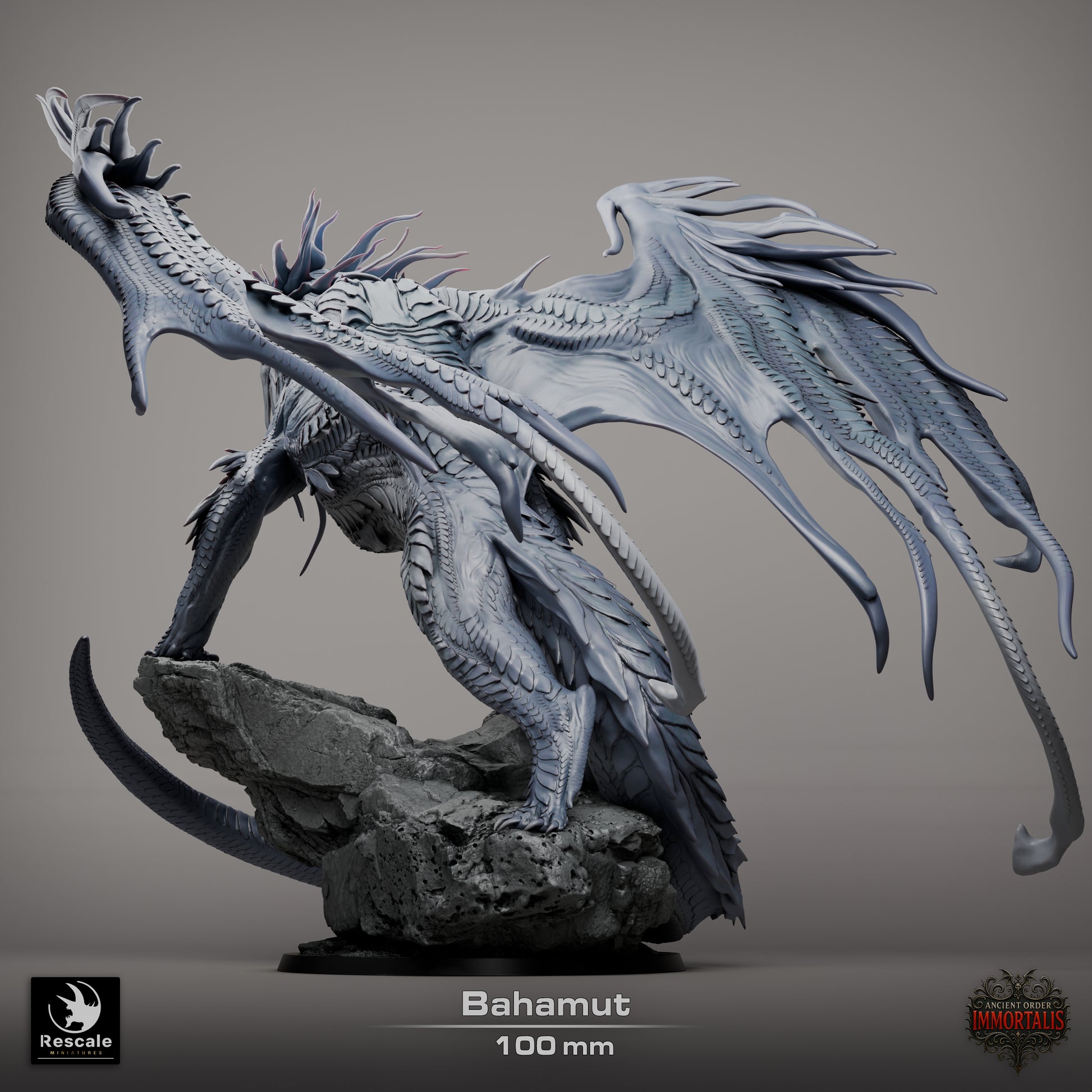 bahamut dragon miniature on rocky base with wings extended fantasy ttrpg model detailed scales pose terrain prop