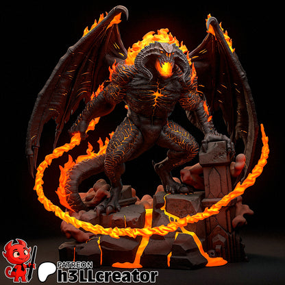 Balrog collectible figure depicted with wings fully spread, flaming whip encircling the ground, and molten base details evoking an erupting battlefield.
