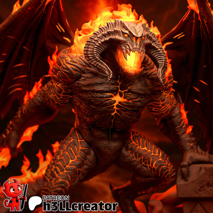 Close-up of the Balrog's snarling face, showing detailed horns, burning mouth, and intricate molten texture sculpted across its body.