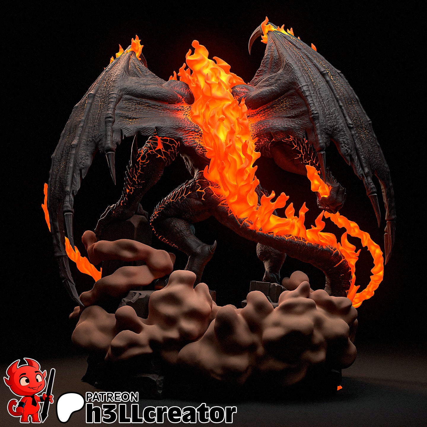 Balrog collectible figure viewed from the back, showing molten flames erupting from its spine, spread wings, and standing atop a smoky battlefield base.