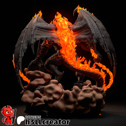 Balrog collectible figure viewed from the back, showing molten flames erupting from its spine, spread wings, and standing atop a smoky battlefield base.