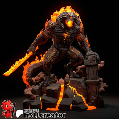 Full-body view of the Balrog collectible figure, posed with a raised flaming sword, molten cracks along its body, and a crumbling stone base.