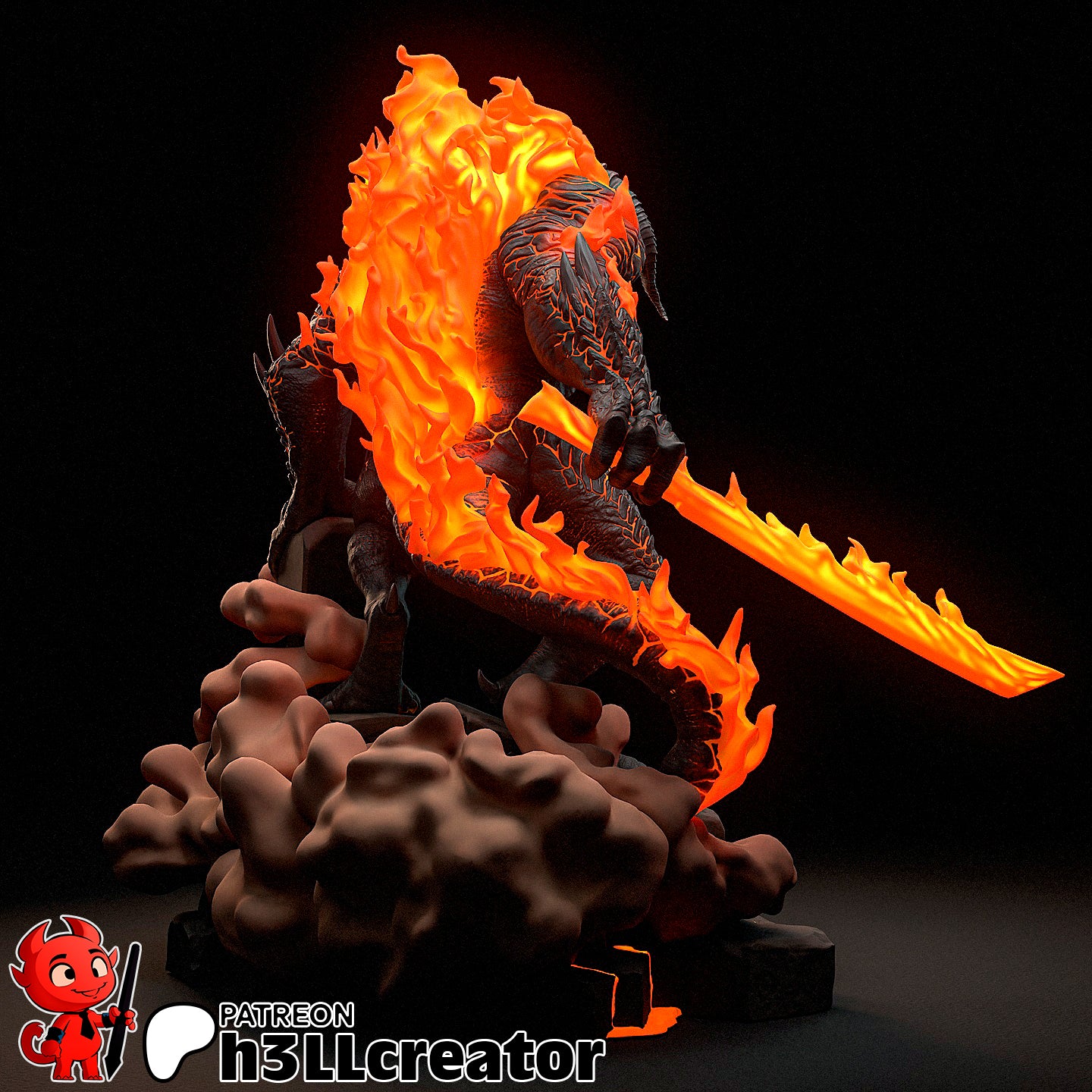 Variant no wings rear view of the Balrog collectible figure, showing flames trailing from its back and sword while standing atop a rocky battlefield base.