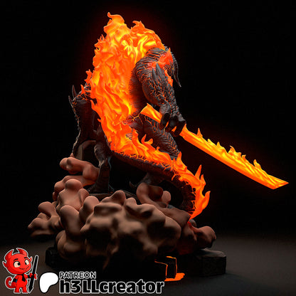 Variant no wings rear view of the Balrog collectible figure, showing flames trailing from its back and sword while standing atop a rocky battlefield base.