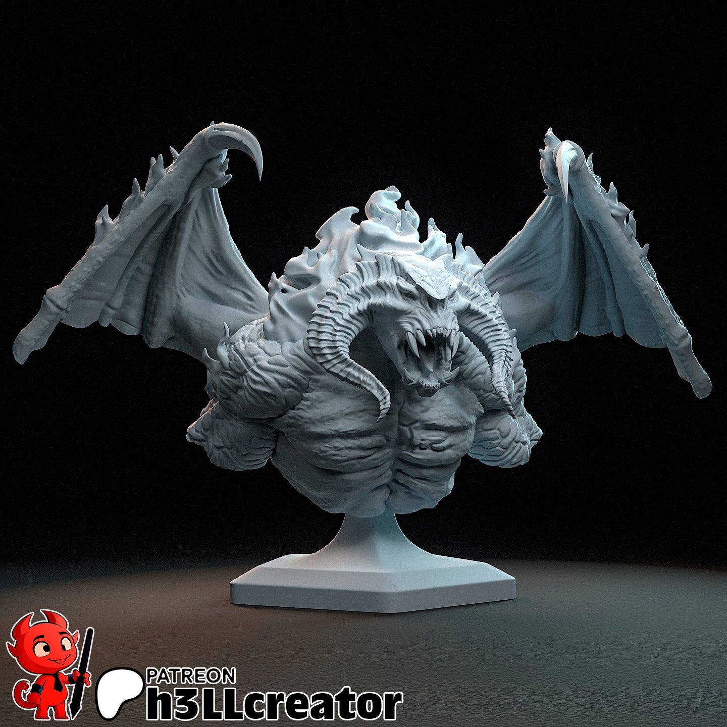 Bust sculpture of the Balrog, featuring detailed horns, snarling mouth, muscular torso, and wide-stretched wings, designed for collectible display.