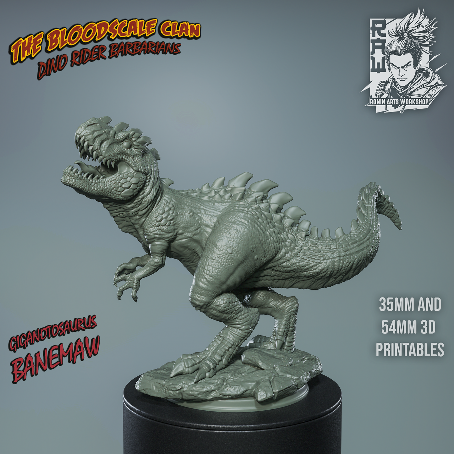 Unpainted render of Banemaw, the giganotosaurus, standing alone on a textured base, showing scales, spines, and teeth.