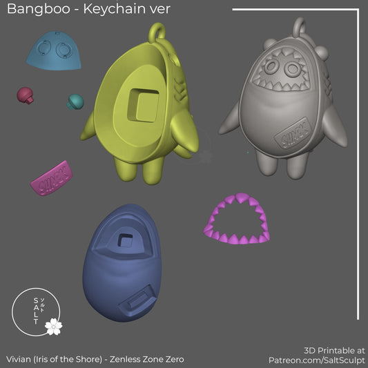 Bangboo keychain version from Zenless Zone Zero showing front and back shell parts, facial plate, limbs, emblem piece, and jaw component layout for assembly, stylized creature accessory design.