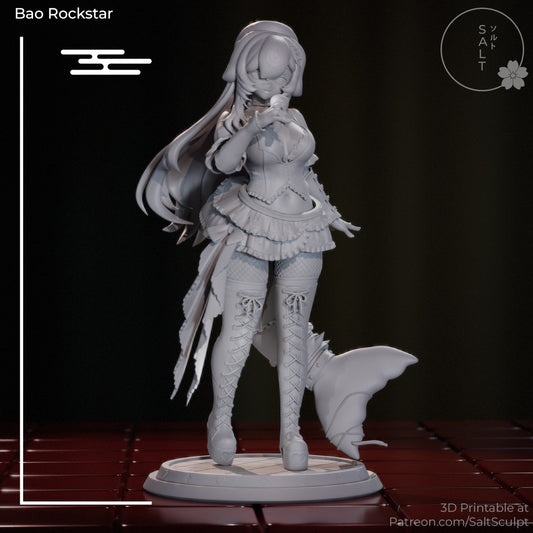 bao rockstar vtuber figure gray resin back render long flowing hair whale tail outfit details thigh high boots standing pose base
