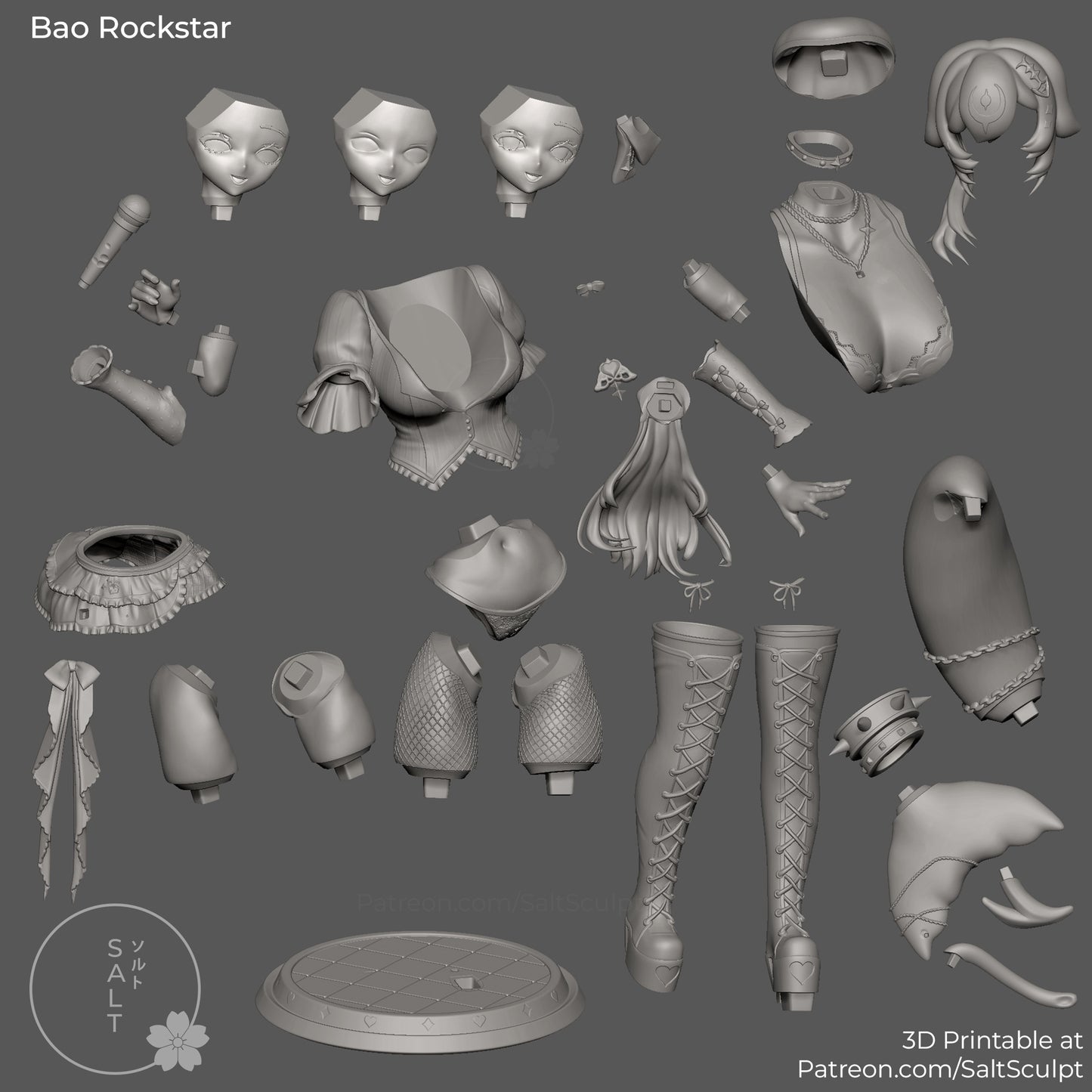 bao rockstar vtuber figure parts breakdown garage kit pieces head options arms legs skirt hair microphone base 3d print assembly layout