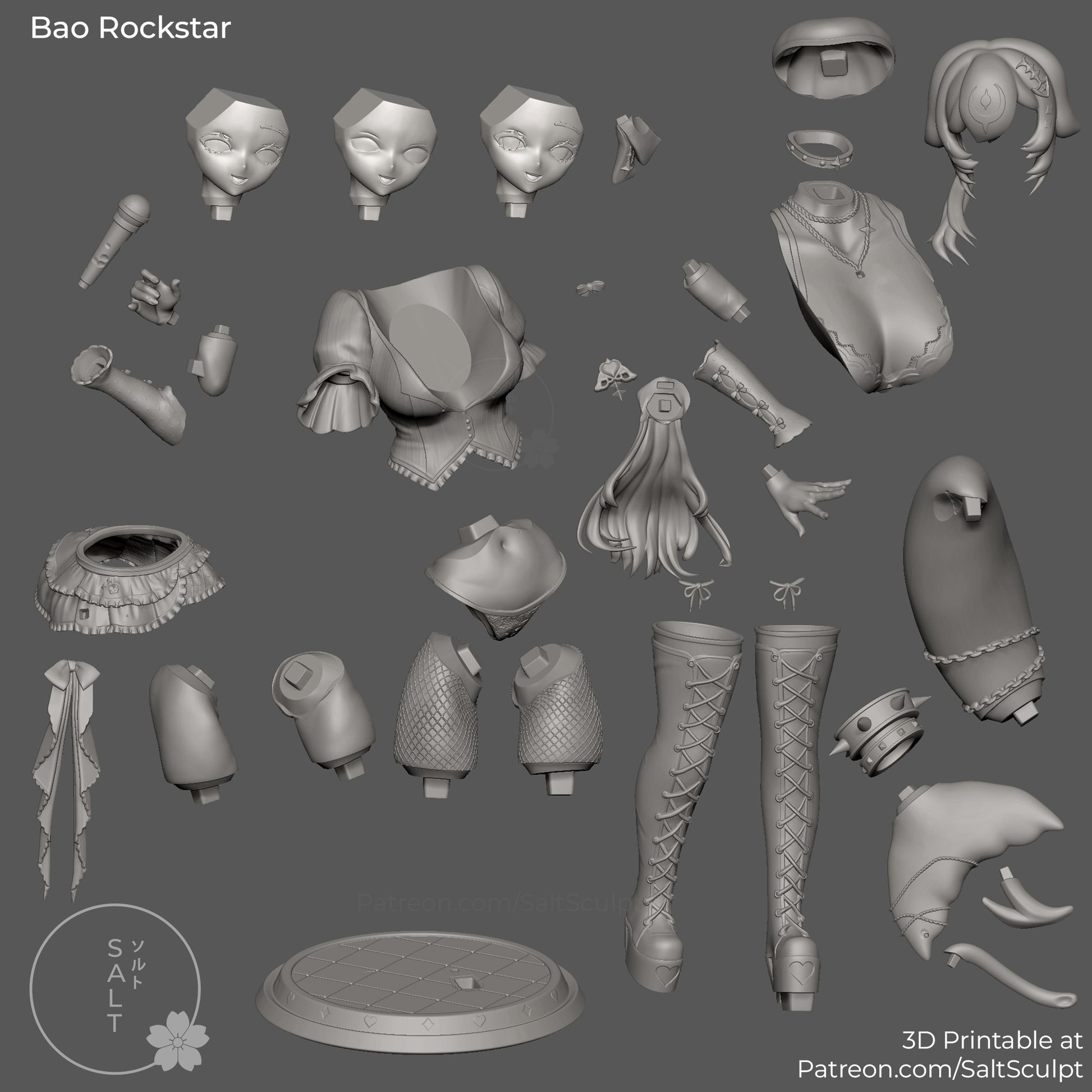 bao rockstar vtuber figure parts breakdown garage kit pieces head options arms legs skirt hair microphone base 3d print assembly layout