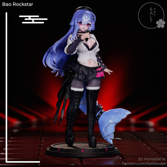 bao rockstar vtuber figure front render standing pose microphone held forward rockstar outfit thigh high boots whale tail anime statue
