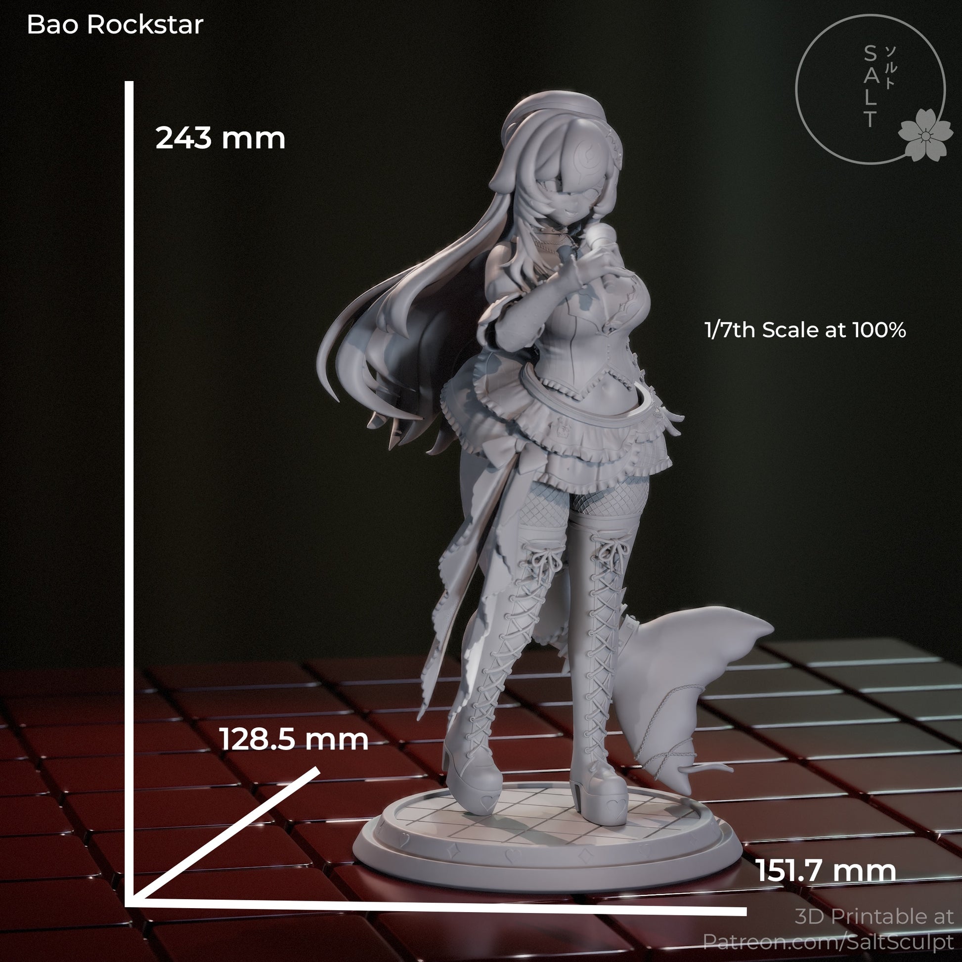 bao rockstar vtuber figure 1:7 scale front view holding microphone detailed outfit whale tail platform base statue dimensions height width length