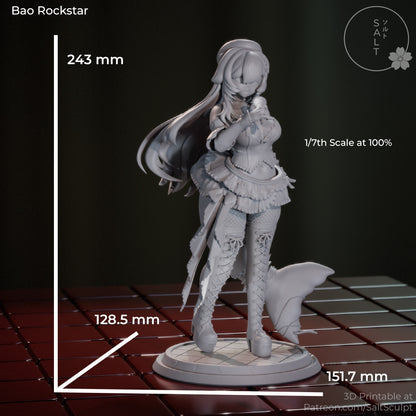 bao rockstar vtuber figure 1:7 scale front view holding microphone detailed outfit whale tail platform base statue dimensions height width length