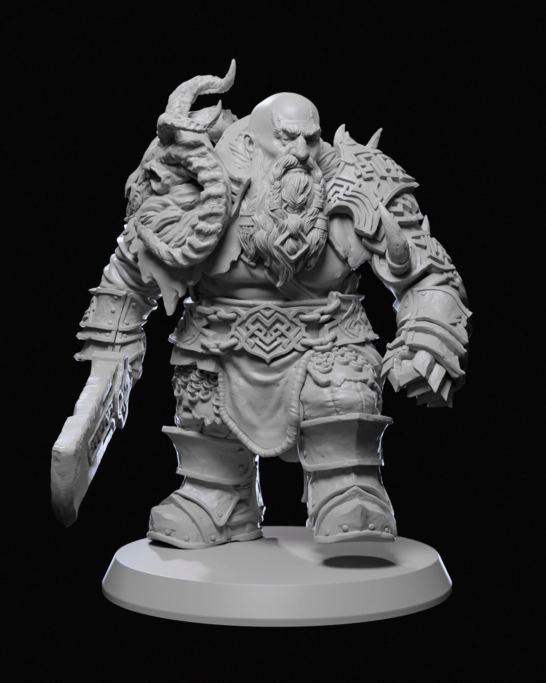 Barathur Stonefist miniature featuring a heavily armored dwarf warrior with a braided beard, warhorn, and intricate armor, ideal for use in fantasy tabletop RPGs like Dungeons & Dragons and Pathfinder.