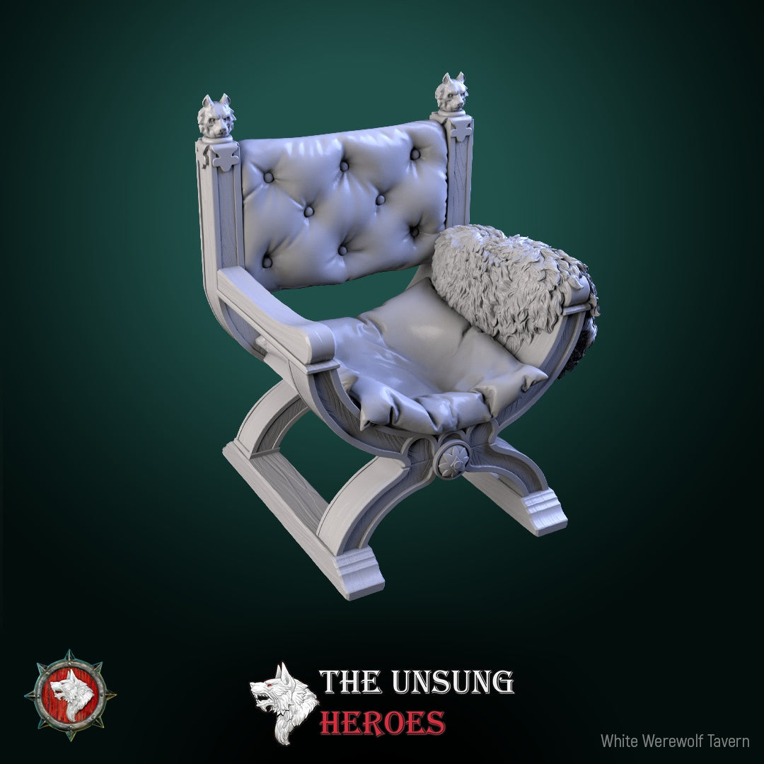 Ornate bard’s tavern chair with cushion and carved details – fantasy RPG furniture for tabletop terrain in Dungeons & Dragons and Pathfinder.