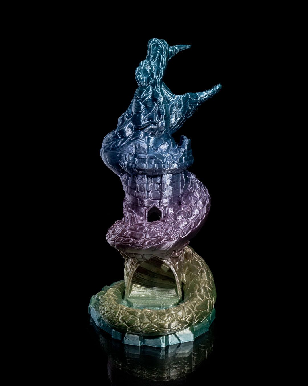 3D-printed Basilisk Dice Tower with a coiling serpent design in blue, purple, and green hues, ideal for tabletop RPGs like D&D and Pathfinder.