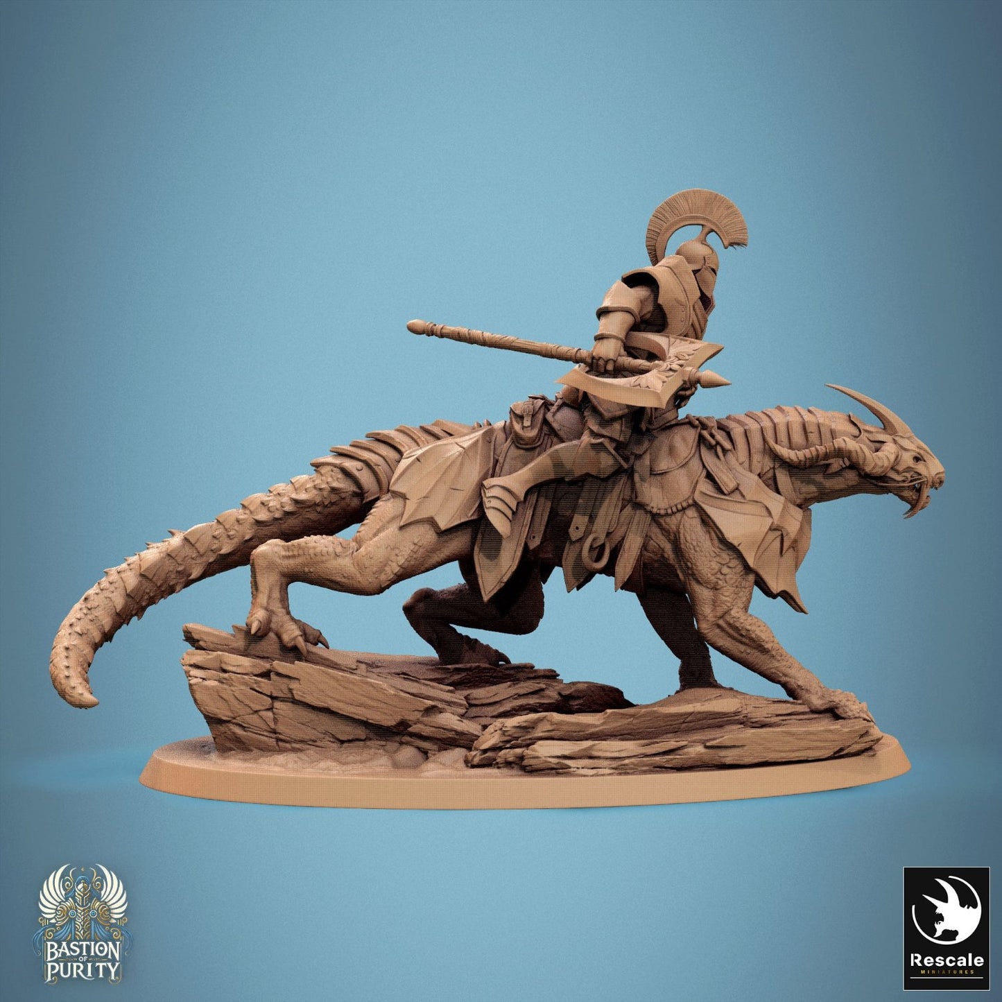 The Dragoryx mount in a charging pose, with the warrior holding a weapon ready for battle.