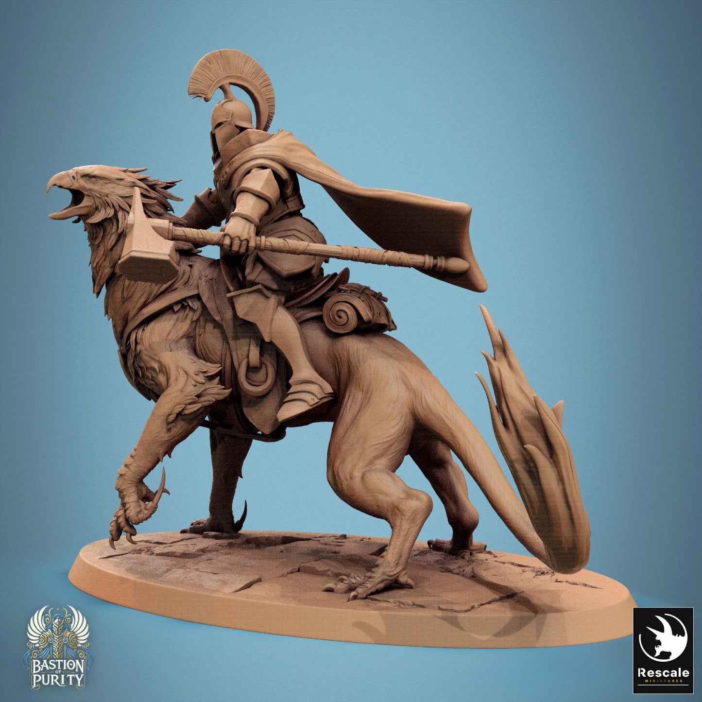 A cloaked rider on a Gryph, both looking heroic and ready to roar, as if someone just stole their lunch.